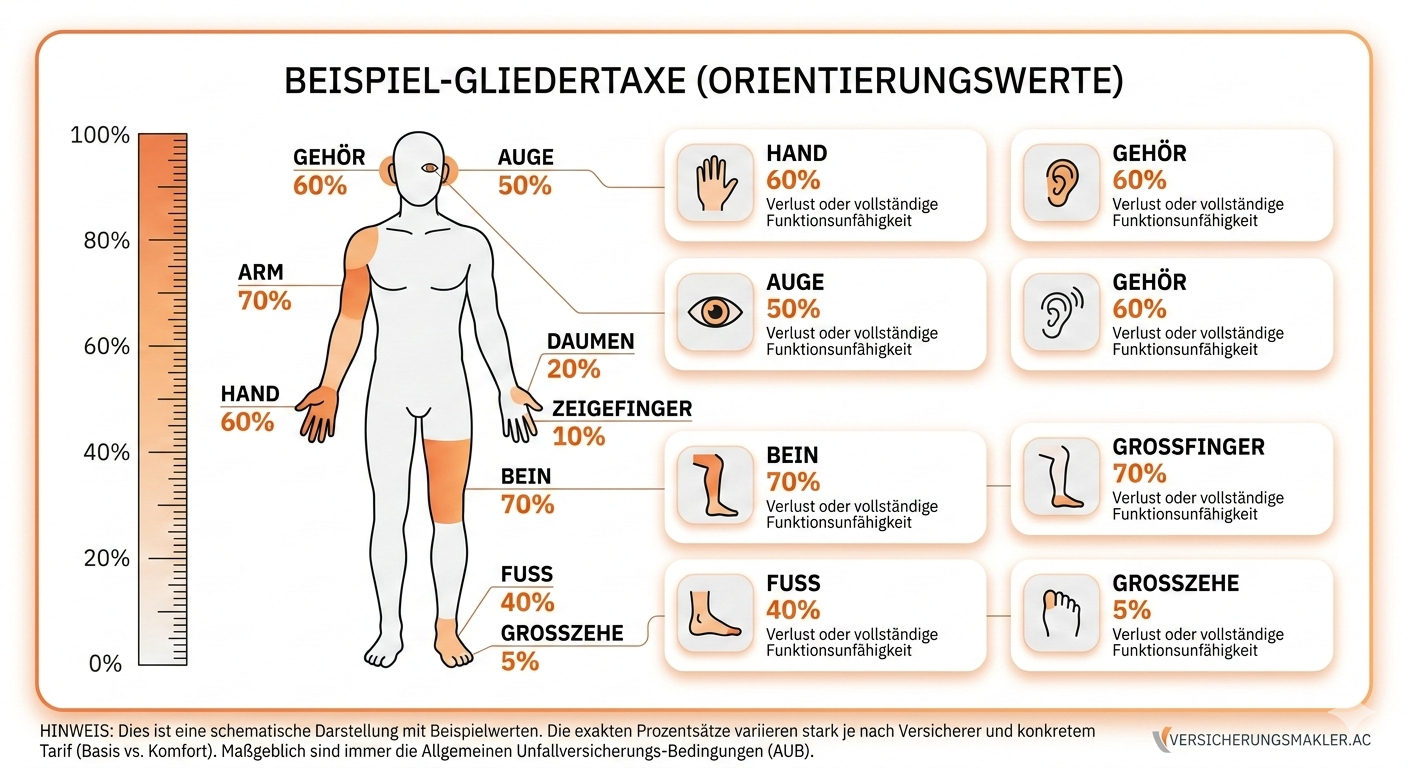 Gliedertaxe Beispielgrafik: Invaliditätsgrade für Arm, Hand, Finger, Bein, Fuß – je Tarif abweichend