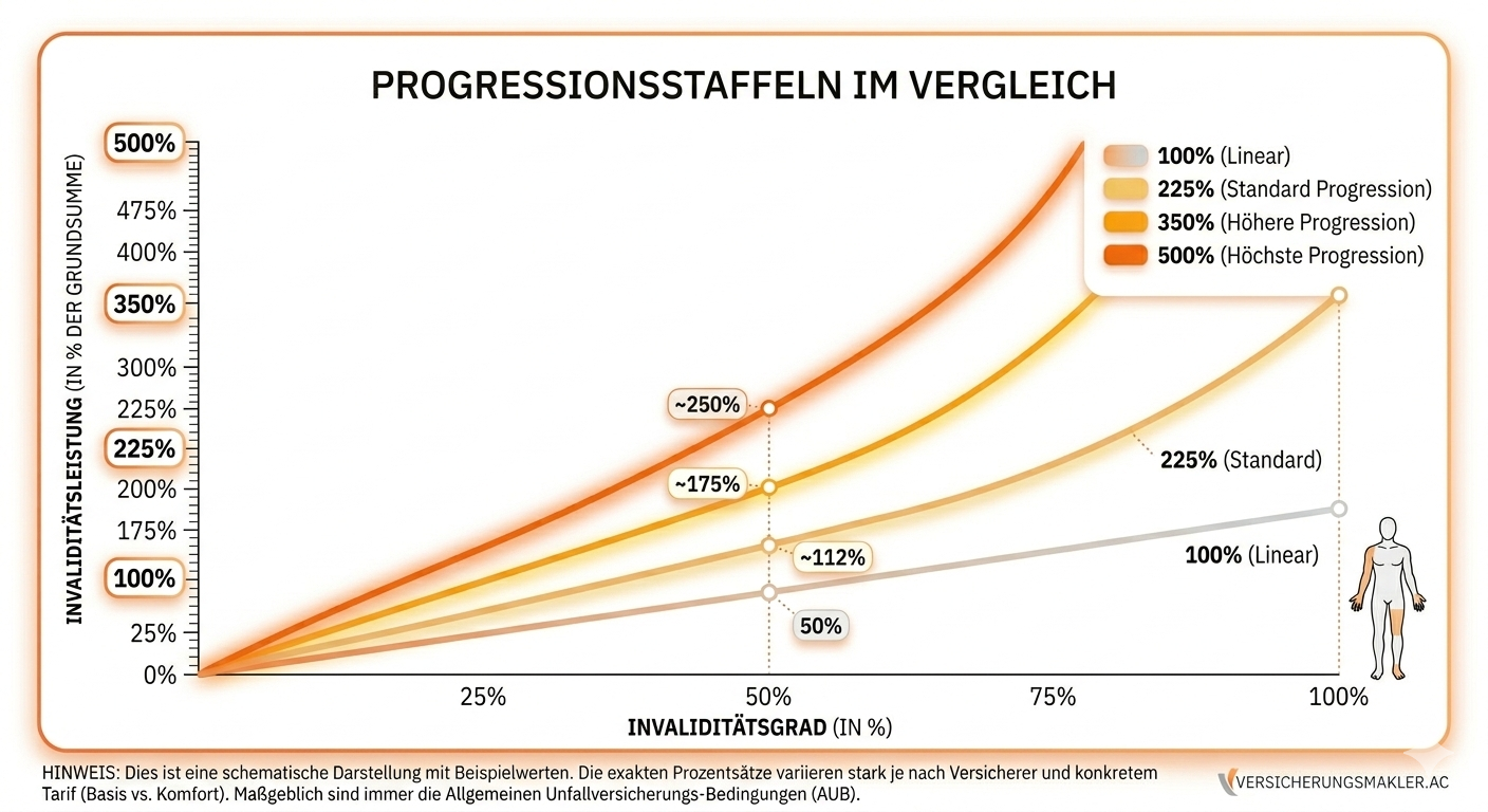 Progressionsstaffel Unfallversicherung: Beispiel einer Staffelung (225%, 350%, 500% etc.)