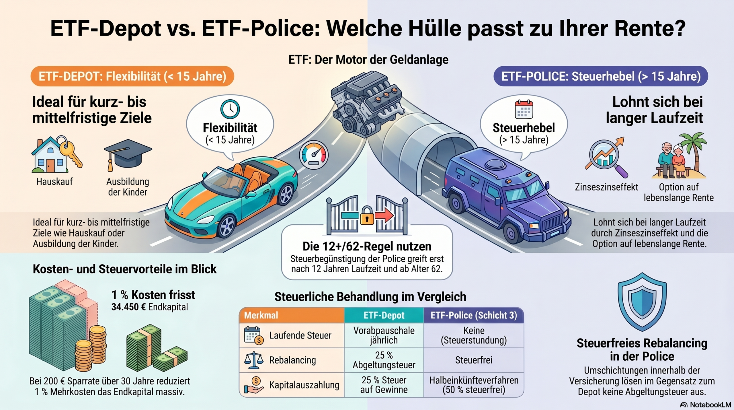 Vergleich ETF-Depot und ETF-Police: Motor, Hülle, Kosten, Steuerlogik und Verrentung