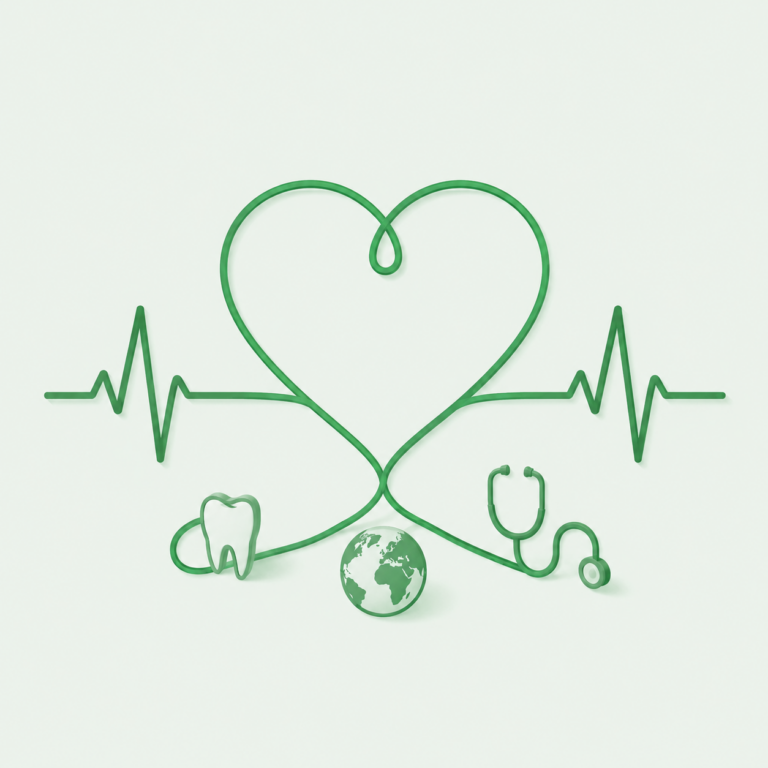 Herz aus EKG-Linie mit Zahn, Globus und Stethoskop als Sinnbild f&uuml;r den PKV-Leistungsumfang im Alltag