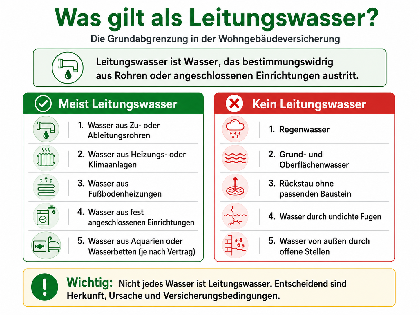 Schaubild zur Abgrenzung: Was in der Wohngebäudeversicherung meist als Leitungswasser gilt und welche Wasserarten regelmäßig nicht darunterfallen