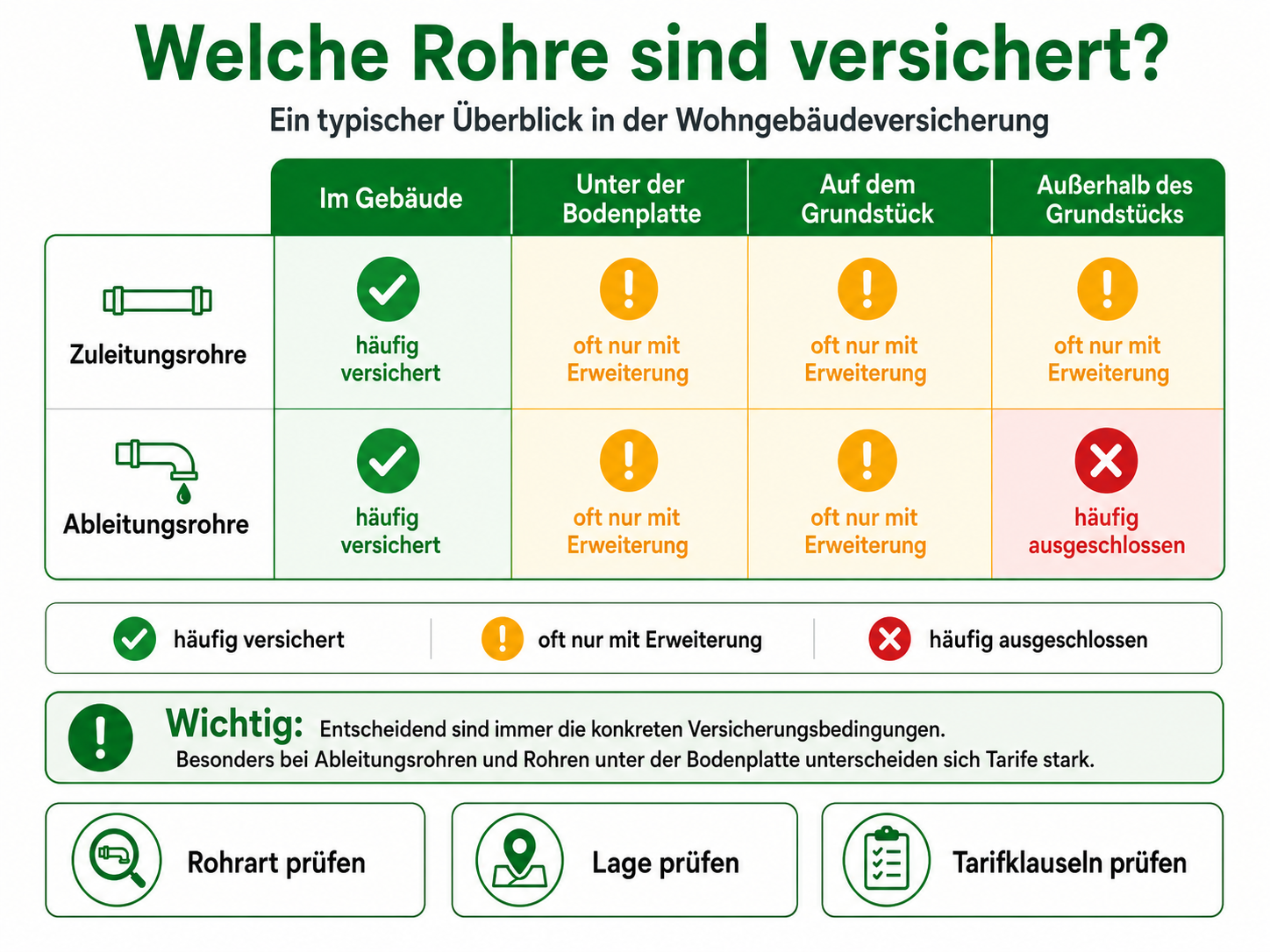 Schaubild zur typischen Versicherung von Zu- und Ableitungsrohren innerhalb des Gebäudes, unter der Bodenplatte, auf dem Grundstück und außerhalb des Grundstücks