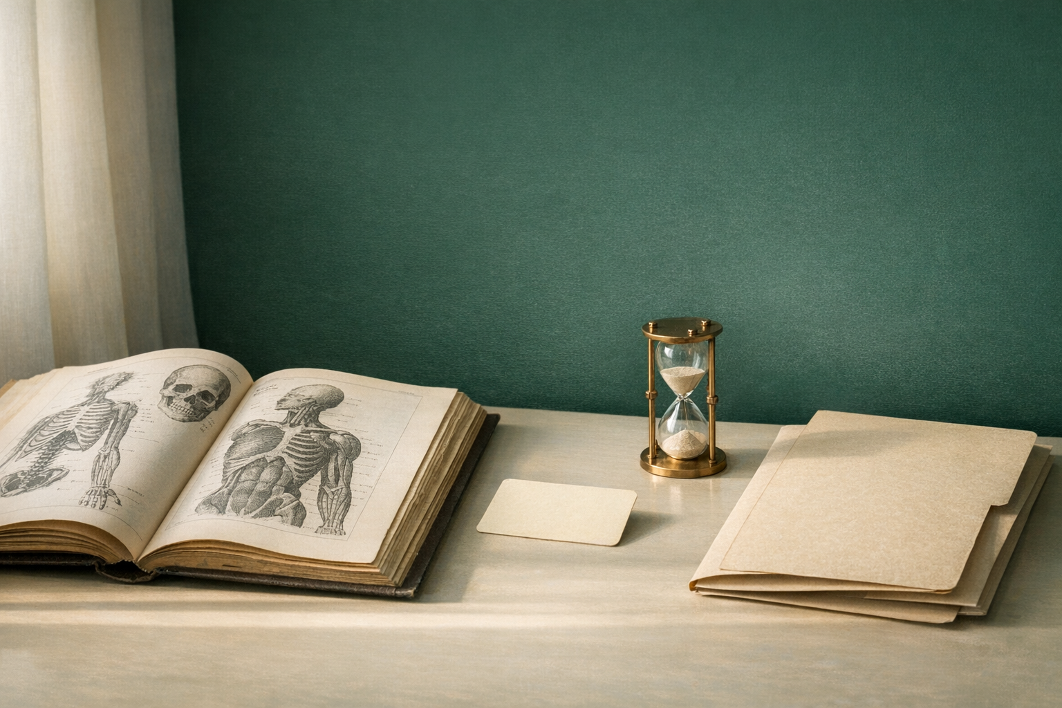 Anatomiebuch, Versicherungskarte und Sanduhr auf ruhigem Schreibtisch als Sinnbild fuer die PKV-Entscheidung nach der Approbation