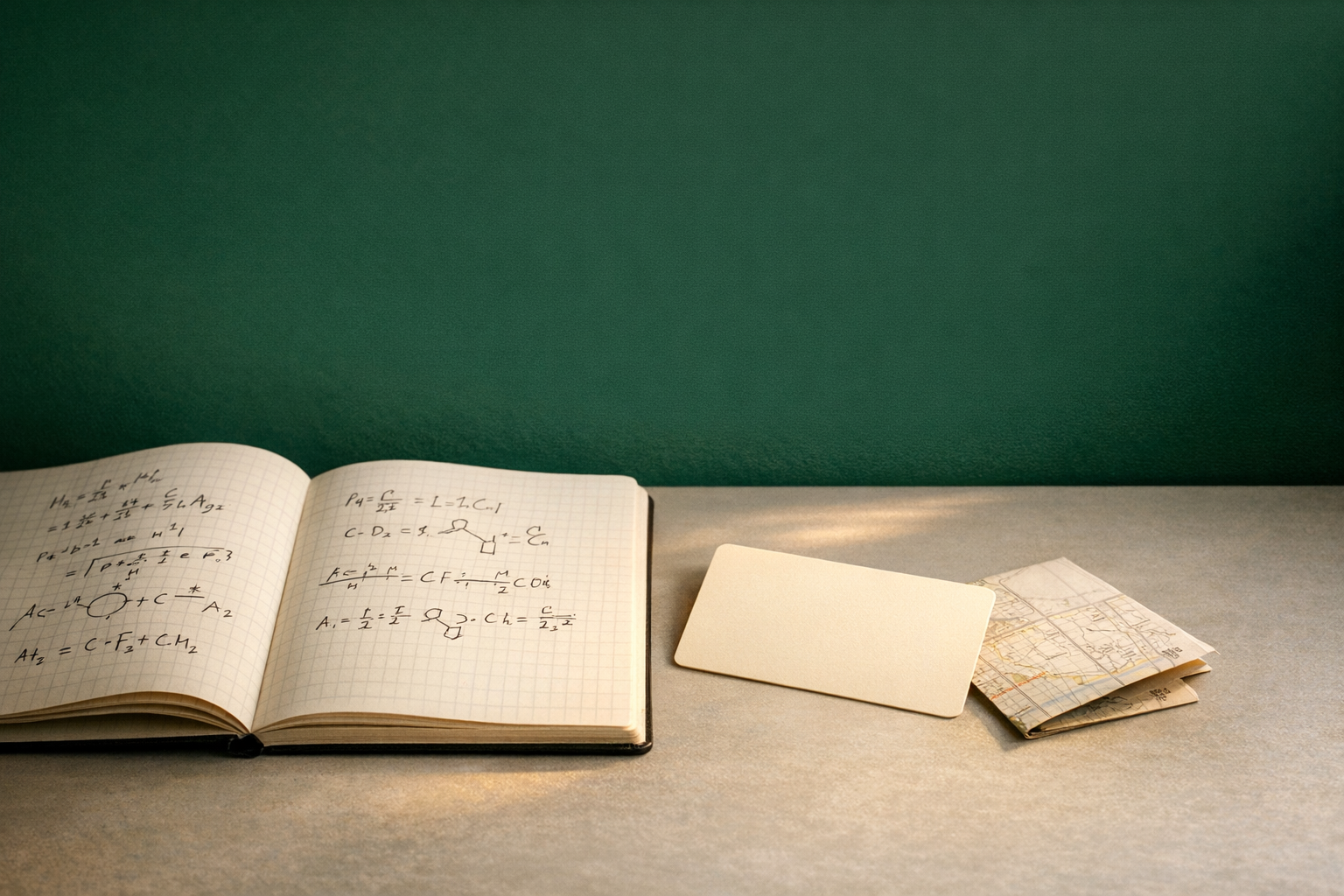 Aufgeschlagenes Laborbuch mit handschriftlichen Formeln, daneben eine cremefarbene Versicherungskarte und eine gefaltete Landkarte auf dunkelgruenem Untergrund
