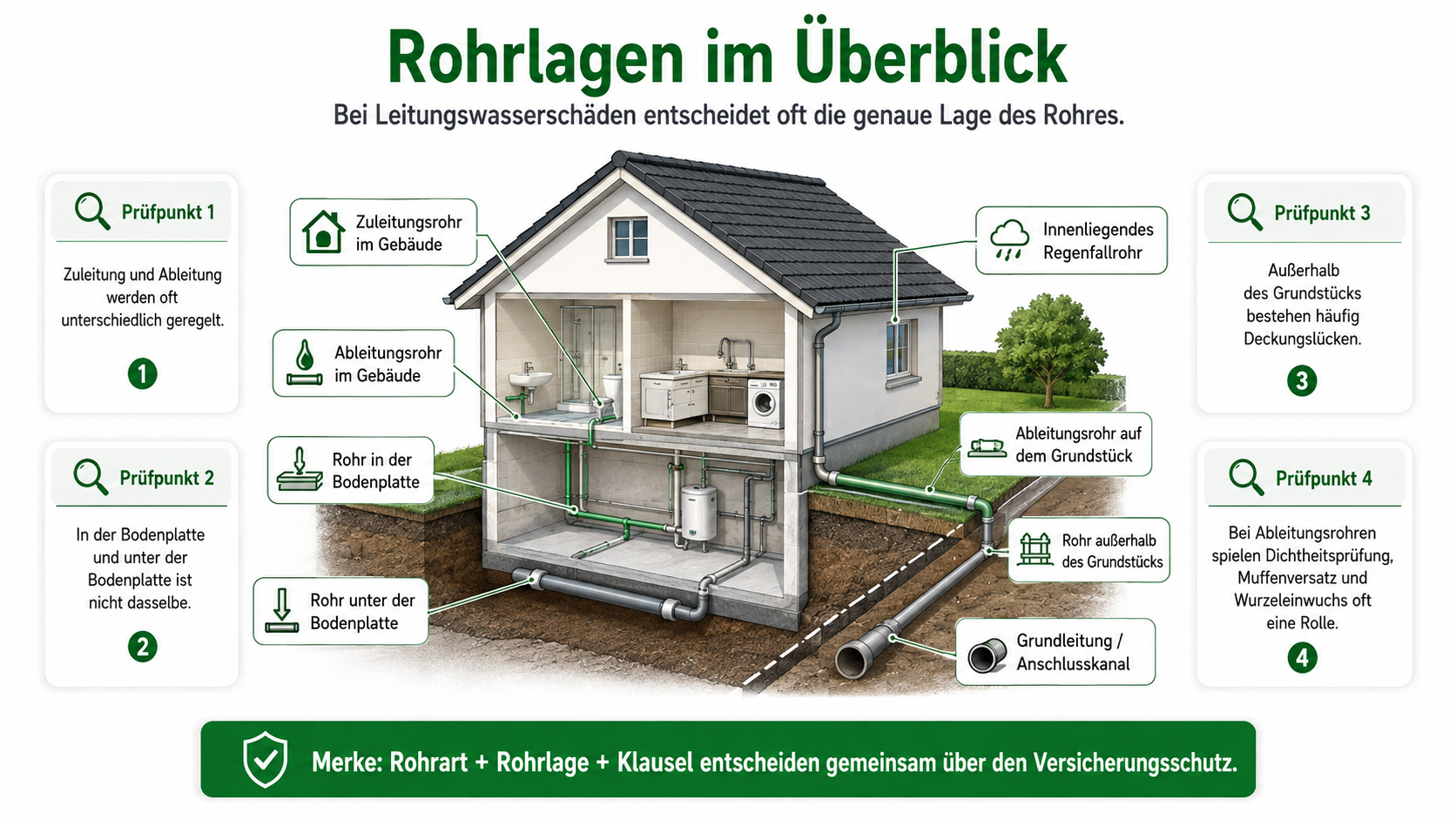 Infografik zu Rohrlagen in der Wohngebäudeversicherung mit Rohren im Gebäude, in und unter der Bodenplatte, auf dem Grundstück und außerhalb des Grundstücks