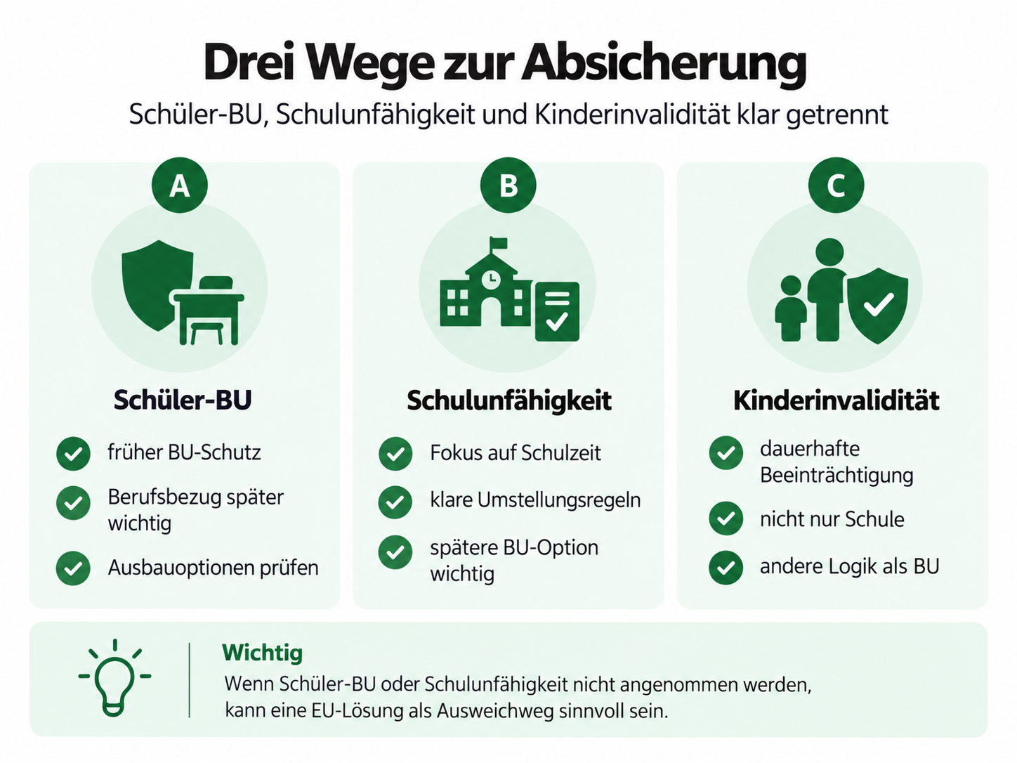 Infografik mit drei Wegen zur Absicherung: Schüler-BU, Schulunfähigkeit und Kinderinvalidität im Vergleich