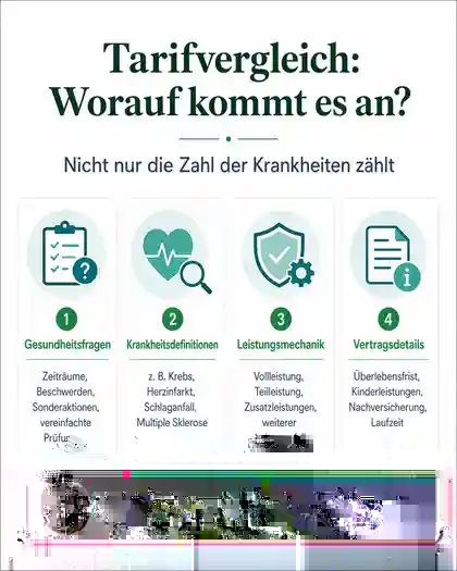 Infografik zum Dread-Disease-Tarifvergleich mit Gesundheitsfragen, Krankheitsdefinitionen, Leistungsmechanik und Vertragsdetails