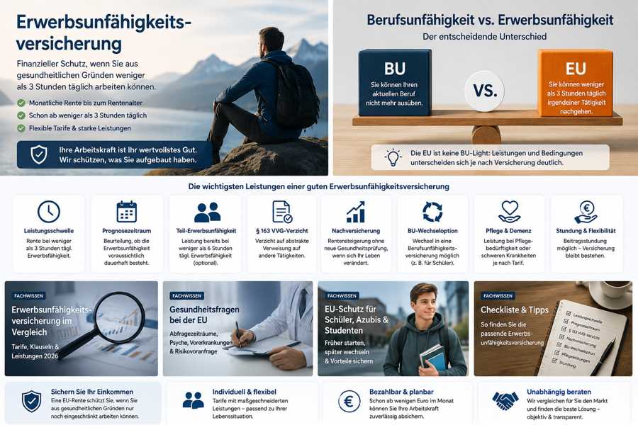 Infografik zur Erwerbsunfähigkeitsversicherung mit Leistungsmerkmalen, Gesundheitsprüfung und Abgrenzung zur Berufsunfähigkeitsversicherung