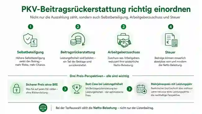 Infografik zur PKV-Beitragsrückerstattung mit Selbstbeteiligung, Arbeitgeberzuschuss, Steuer und drei Preis-Perspektiven