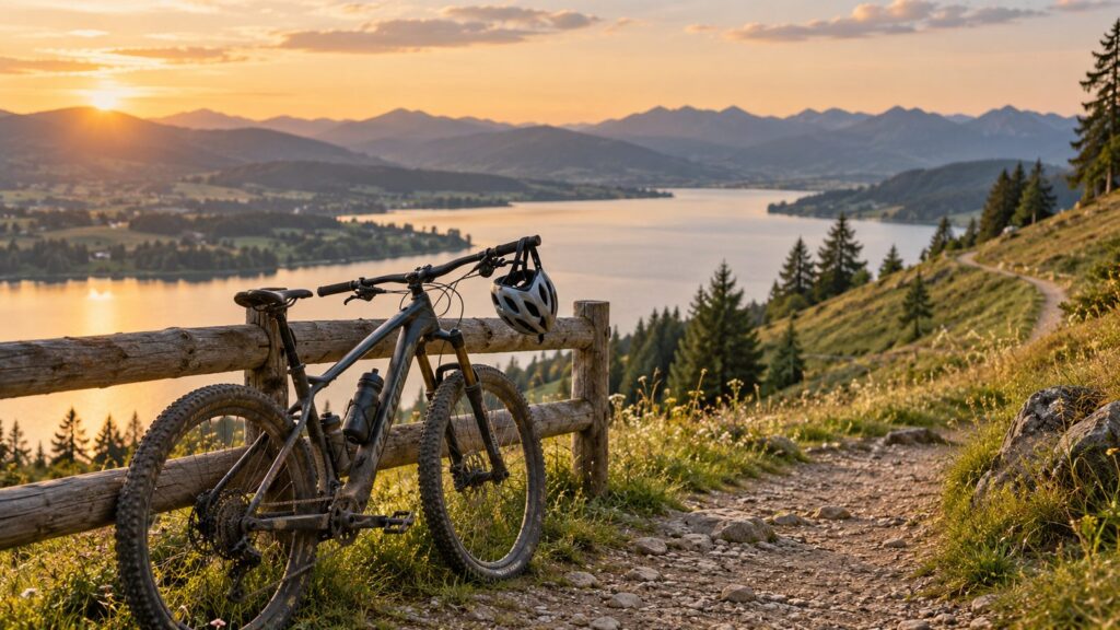 Mountainbike am Zaun &uuml;ber einem See als Bild f&uuml;r den Nichtberufsunfall in der Freizeit von Grenzg&auml;ngern